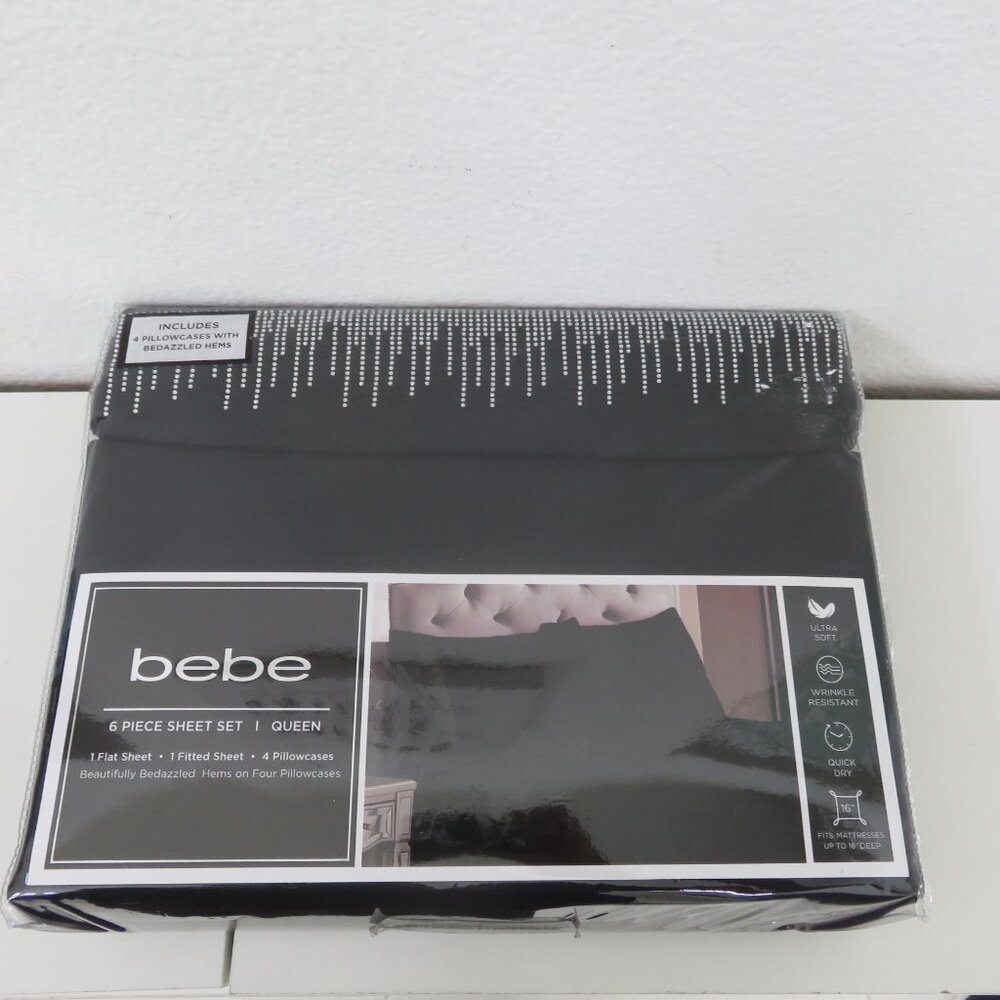 bebe queen black 6 piece satin sheet set